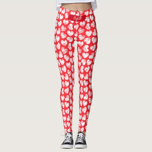 Leggings Moderne Rouge et Blanc Doodled Heart Valentine Nom (Devant)