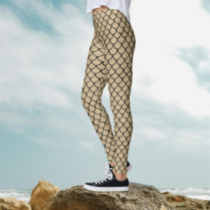 Leggings Moderne Sable Beige Écailles de Poisson Sirène Mot