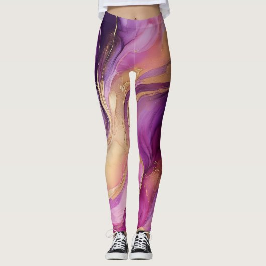 Leggings modernes abstraits rose violet et or (Devant)