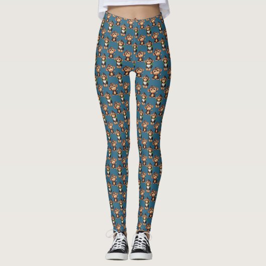 Leggings Monkey Pattern Design Blue  (Devant)