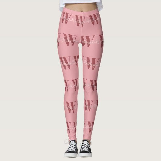Leggings Monogramme de fille et nom rose roux (Devant)