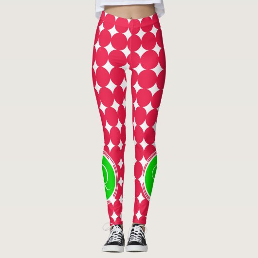 Leggings Monogramme de point Polka vert et rouge (Devant)