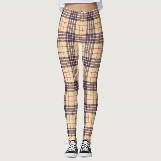 Leggings Monogramme, élégant tartan écossais en plaid beige (Devant)