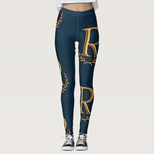 Leggings Monogramme initial personnalisé en or sur marine (Devant)