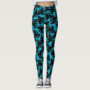 Leggings Monstère tropicale motif en noir et bleu aqua