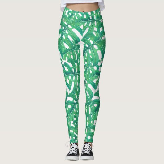 Leggings Monstère verte tropicale feuille motif sur blanc b (Devant)