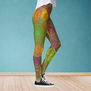 Leggings Mosaic Kaleidoscope Fleur vert pourpre et orange