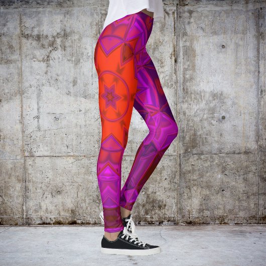 Leggings Mosaic Kaleidoscope Fleur violet rose et rouge