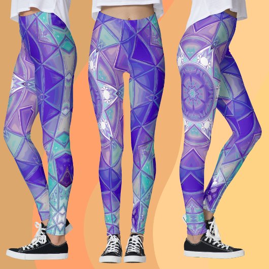 Leggings Mosaic Mandala Flower violet bleu et blanc
