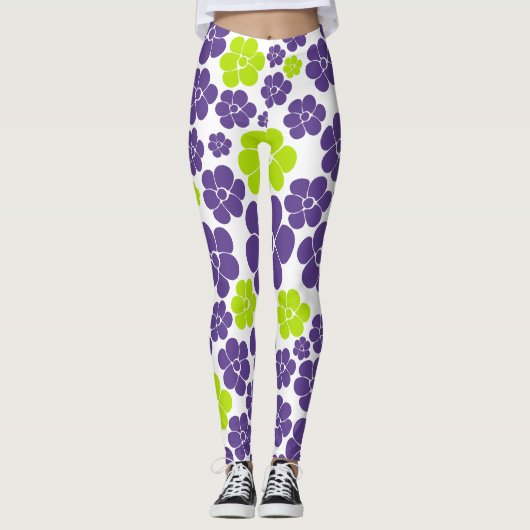 Leggings Motif à fleurs en vert citron et violet (Devant)