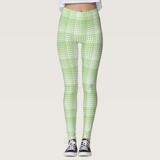 Leggings Motif Abstrait à Damier Vert Blanc (Devant)