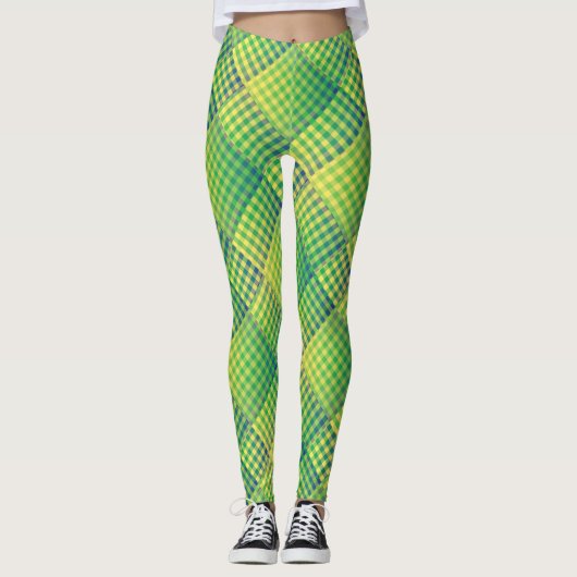 Leggings Motif Abstrait à Damier Vert Bleu (Devant)