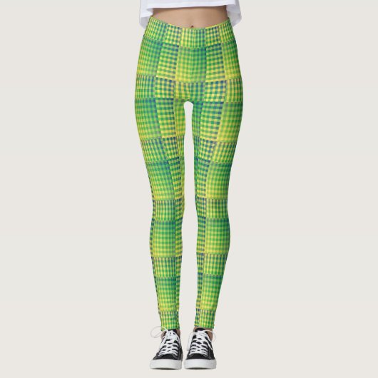 Leggings Motif Abstrait à Damier Vert Bleu (Devant)