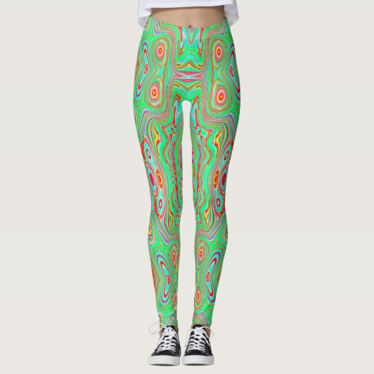 Leggings Motif Abstrait Orange Rétro et Vert Citron (Devant)