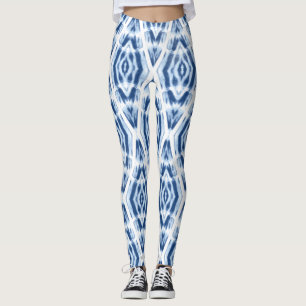 Leggings Motif abstrait Shibori Tie Dye bleu et blanc