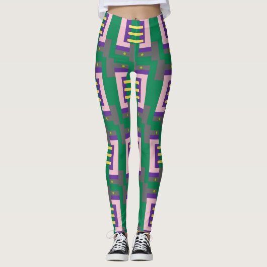 Leggings Motif Abstrait vert jaune avec lignes et points (Devant)