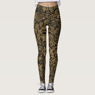 Leggings Motif baroque floral doré sur fond noir