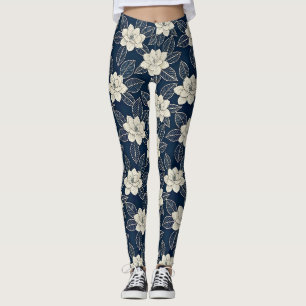 Leggings Motif botanique floral bleu vintage (5)