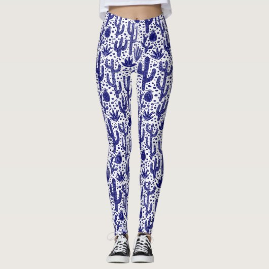 Leggings Motif Cactus - Bleu foncé et Blanc (Devant)