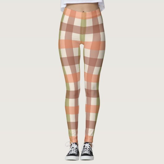 Leggings Motif carreau d'automne en orange vert et marron (Devant)