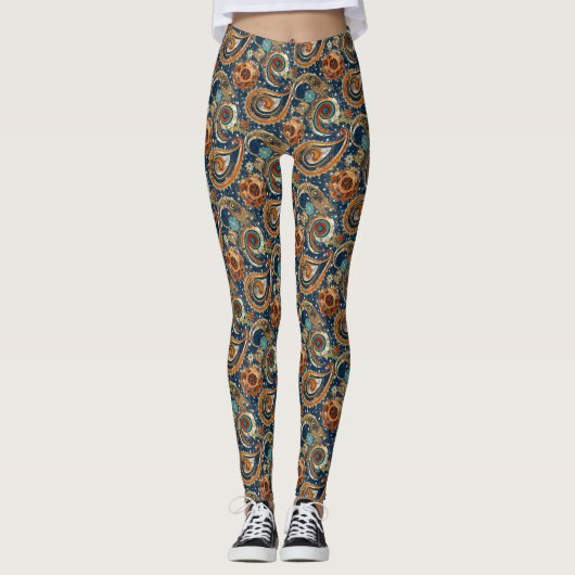 Leggings Motif Celestial Paisley Marine Bleu, Orange, Or (Devant)
