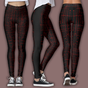 Leggings Motif Cyber Abstrait Circuit Noir et Cramoisi