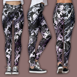 Leggings Motif Damassé   Noir, Blanc & Indigo