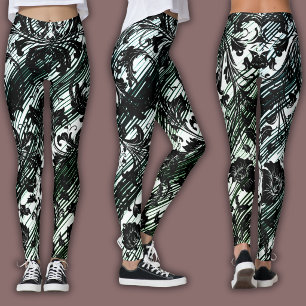 Leggings Motif Damassé Noir, Blanc & Vert