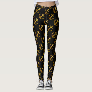 Leggings Motif d'ancre scintillante fausse or été noir