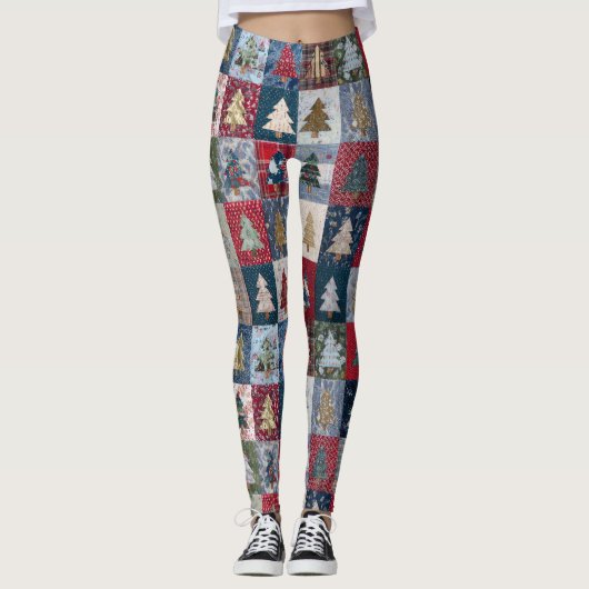 Leggings Motif d'arbre de Noël en patchwork festif (4) (Devant)