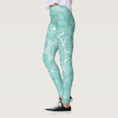 Leggings Motif D'Art Mandala Blanc Sur Bleu Turquoise Vert (Gauche)