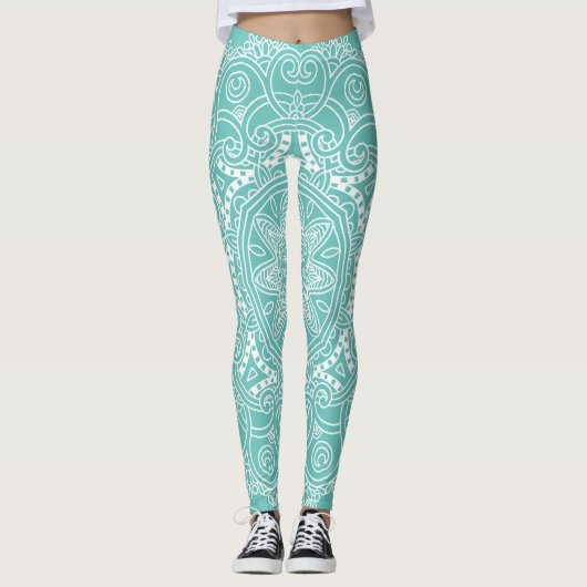 Leggings Motif D'Art Mandala Blanc Sur Bleu Turquoise Vert (Devant)