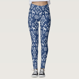 Leggings Motif d'art populaire Dala bleu et blanc