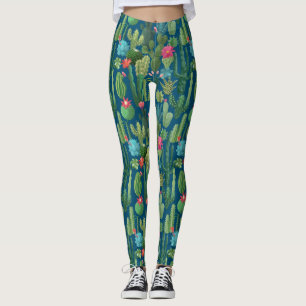 Leggings Motif de cactus Turquoises verts en fleurs