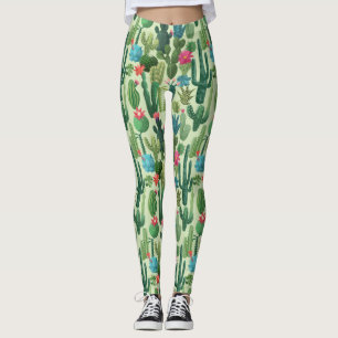 Leggings Motif de cactus Turquoises verts en fleurs
