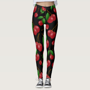 Leggings Motif de cerises rouges sucrées sur noir