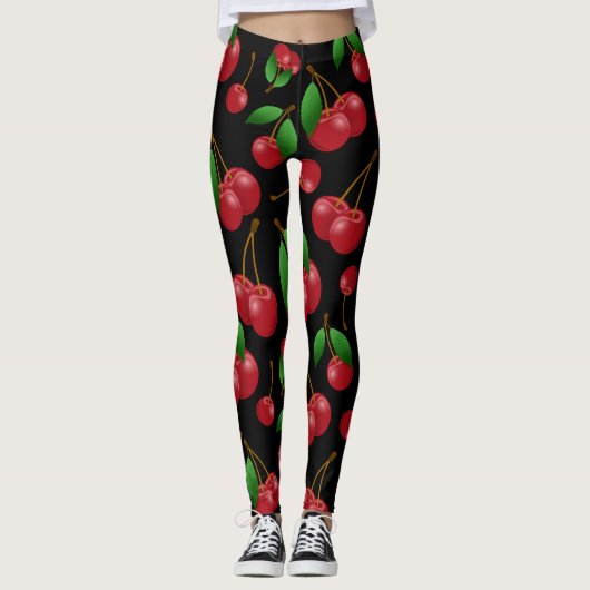 Leggings Motif de cerises rouges sucrées sur noir (Devant)
