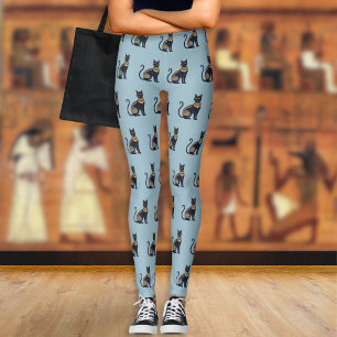 Leggings Motif de chat noir égyptien sur fond bleu poussiér