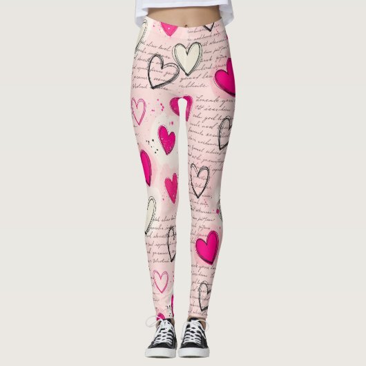 Leggings Motif de cœur moderne avec arrière-plan en script (Devant)