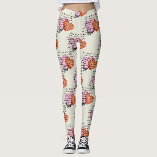 Leggings Motif de cœur moderne avec arrière-plan en script (Devant)
