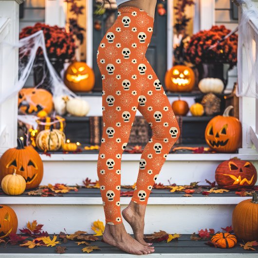 Leggings Motif de crânes et de fleurs d'Halloween orange