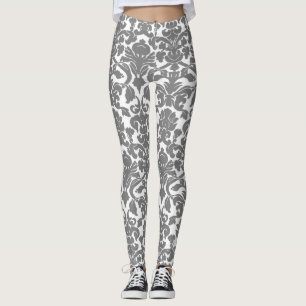 Leggings Motif de Damas Orné Floral Gris Léger