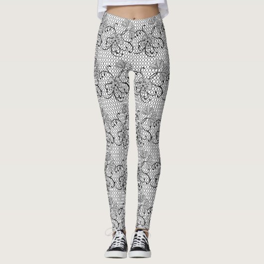 Leggings Motif De Dentelle Florale Noir Et Blanc (Devant)