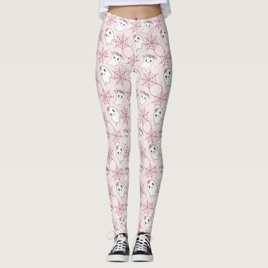 Leggings Motif de fantôme rose pastel Halloween Kawaii (Devant)