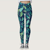 Leggings Motif de feuilles botaniques bleu et vert (Devant)