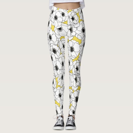 Leggings Motif de fleur jaune et noir et blanc d'anémone (Devant)