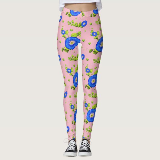 Leggings Motif de fleurs de gloire du matin bleu ( rose pâl (Devant)