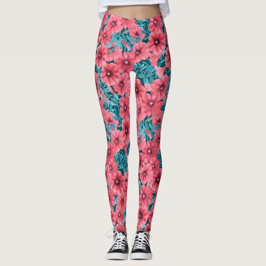 Leggings Motif de fleurs de pétunia rouge (Devant)