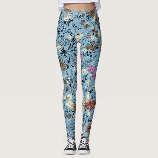 Leggings motif de fleurs vintage, arrière - plan bleu. (Devant)