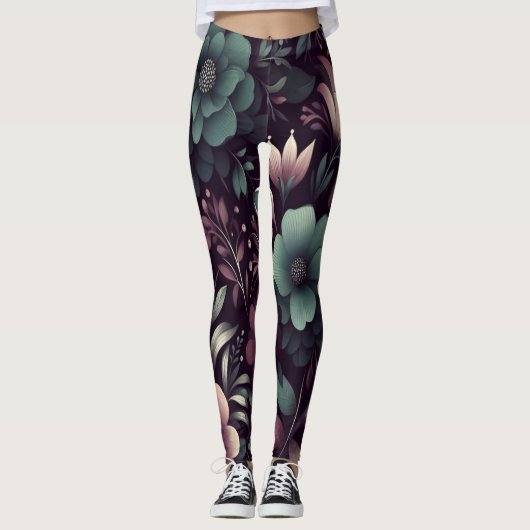 Leggings Motif de fleurs violettes foncées et vertes (Devant)